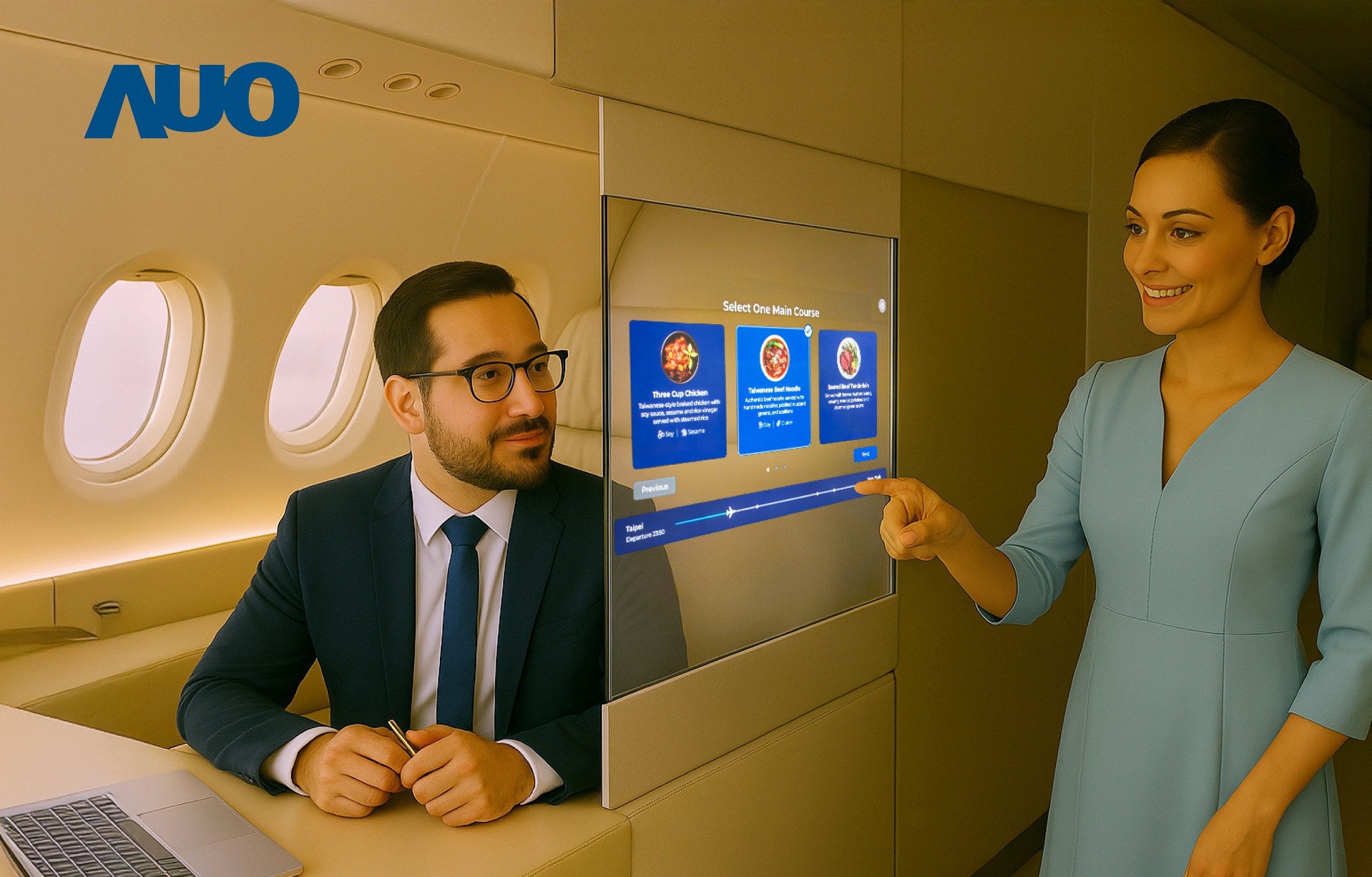 友达研发全球最薄17.3 吋双面透明 Micro LED 显示器，可在同一屏幕之双边投射不同信息，创造独特的”透明化”互动；图为实时翻译交流应用情境